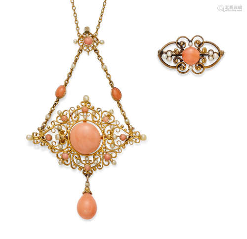 A coral, seed pearl and gold brooch and brooch/pendant necklace