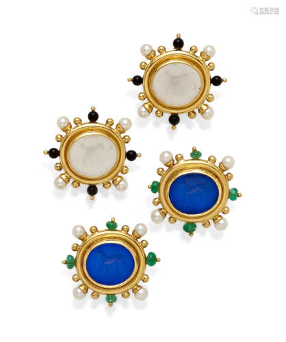 Two Pairs of glass, cultured Pearl, Emerald, Black Onyx, Mother-of-pearl and 18k Gold Ear Clips