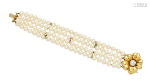A cultured pearl, diamond and gem-set 18k gold bracelet
