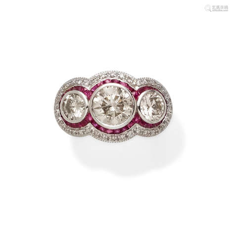 A colored diamond, diamond, ruby and platinum ring