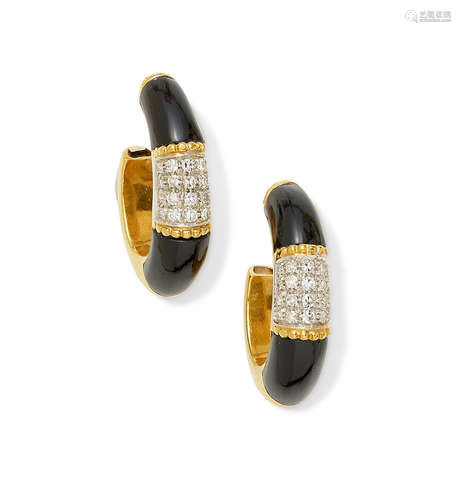 A pair of black onyx, diamond and gold hoop earrings