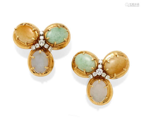 A Pair of Multi-Color Jadeite Jade, Diamond and 18k Gold Ear Clips