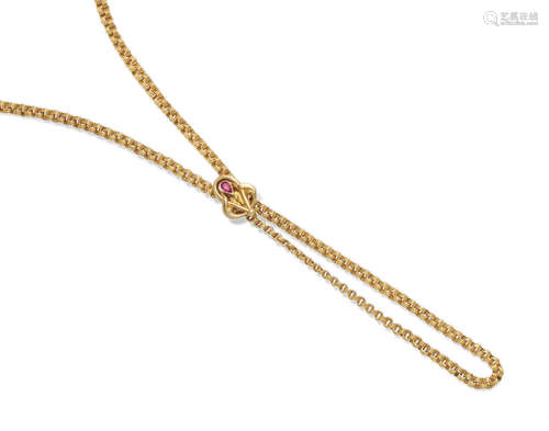 A red stone and 14k gold Watch Chain, French