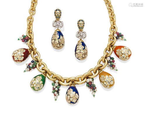 An enamel, cultured pearl, diamond and gem-set 18k gold necklace and ear pendant set