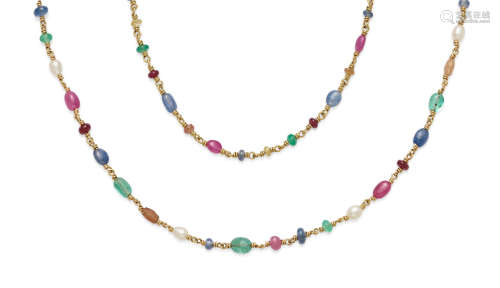 A cultured pearl and gem-set 20k gold necklace and bracelet set