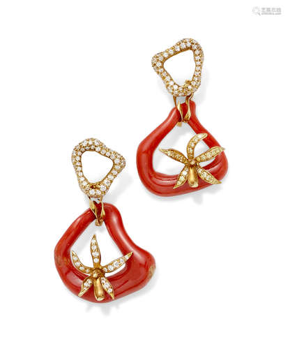 A Pair of Diamond, Colored Diamond, Coral and 18k Gold Ear Clips,  Nicholas Varney