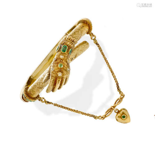 A late 19th century emerald, diamond and gold bangle, circa 1890