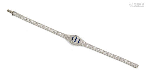 An Art Deco Diamond, synthetic sapphire and Platinum Bracelet