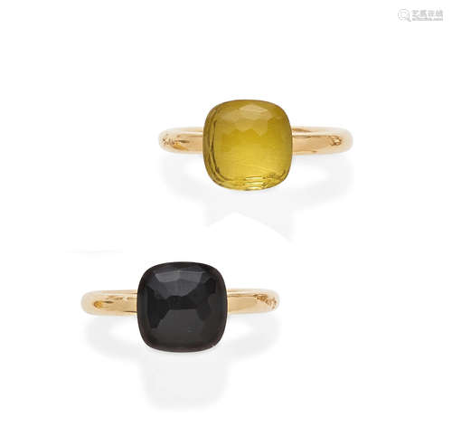 A pair of yellow quartz, smokey quartz and 18k bi-color gold 'Nudo Grande' rings, Pomellato