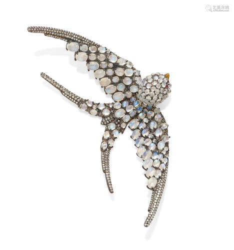 A moonstone, spinel, diamond, silver and gold bird brooch