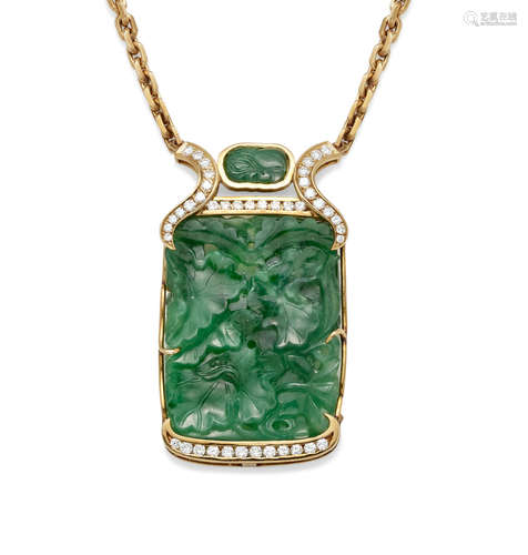 A Carved Jadite Jade, Diamond and 18k Gold Pendant on a Chain