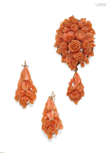 An early 19th century coral pendant/brooch and earring set,  circa 1830