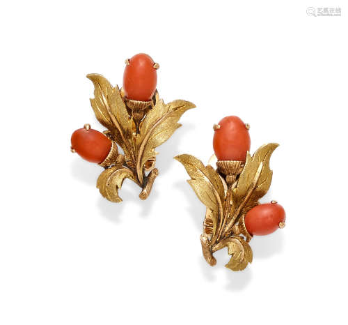 A pair of coral and gold ear clips, Mario Buccellati