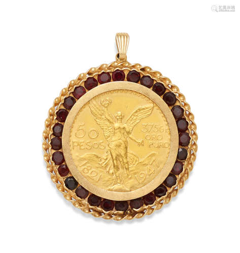 A Mexican Gold 50 Peso, Garnet and 14K gold pendant