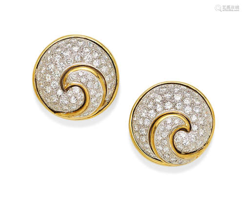 A pair of diamond and 18k gold ear clips,  R.Stone