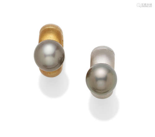 A pair of colored cultured pearl and 18k bi-color gold ear clips