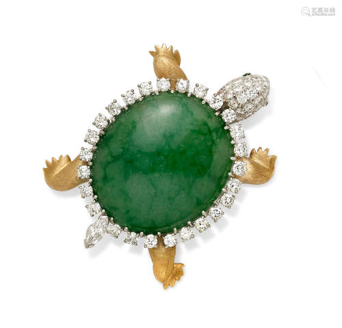 A Jadeite Jade, Diamond and 18k gold turtle brooch, Wedderien