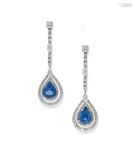 A pair of sapphire, diamond and 14k white gold ear pendants