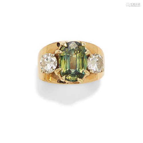 A green sapphire, diamond and 14k gold ring