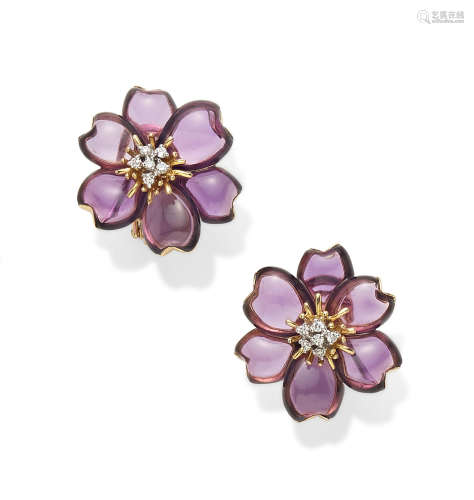 A Pair of Amethyst, Diamond and 18k Gold Flower Ear Clips