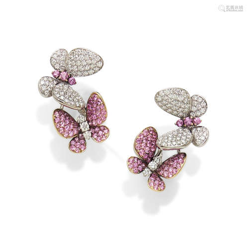 A pair of pink sapphire, diamond and 18k bi-color gold butterfly ear clips