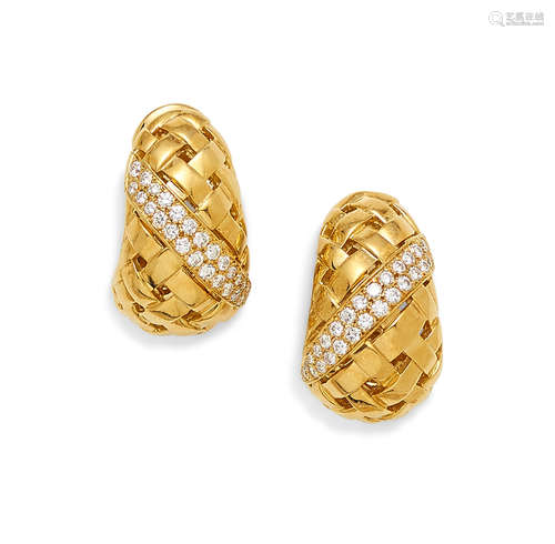 A pair of diamond and 18k gold 'Vannerie' ear clips, Tiffany & Co., 1989