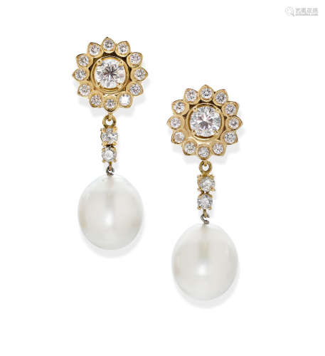 A pair of cultured pearl, diamond and gold day/night ear clips