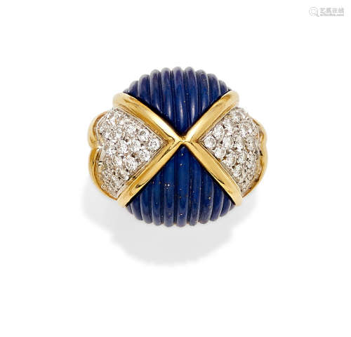 A lapis lazuli, diamond and bi-color gold bombé ring