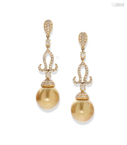 A pair of colored cultured pearl, diamond and 18k gold ear pendants, DSL