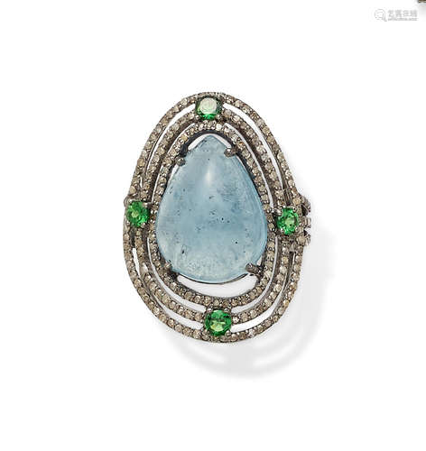 An Aquamarine, Tsavorite garnet, Diamond and Silver Ring