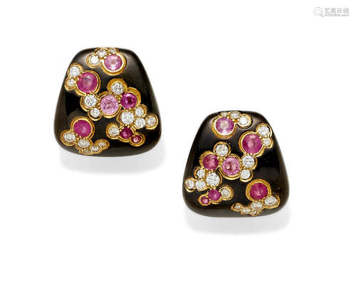 A Pair of Pink Sapphire, diamond, Enamel and 18k Gold Ear Clips, Marina B., Italian