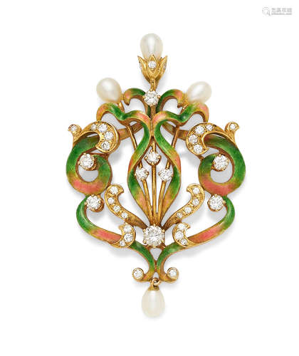 An enamel, diamond, freshwater pearl and 14k gold pendant/brooch