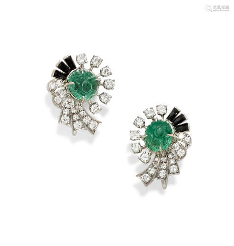 A pair of emerald, black onyx, diamond and white gold earrings