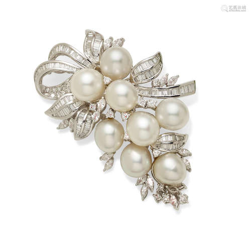 A cultured Pearl, Diamond and 18k White Gold Brooch