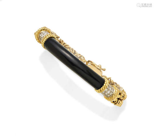 A black onyx, diamond and 14k gold bracelet