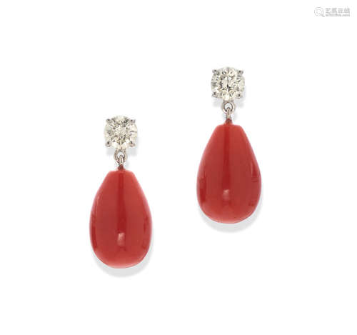 A pair of coral, diamond and 14K white gold ear pendants