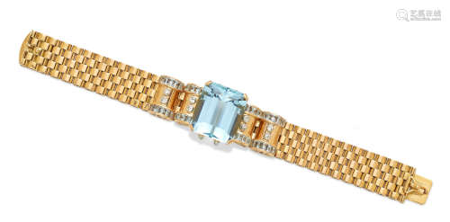 A retro aquamarine, diamond and gold bracelet, circa 1945