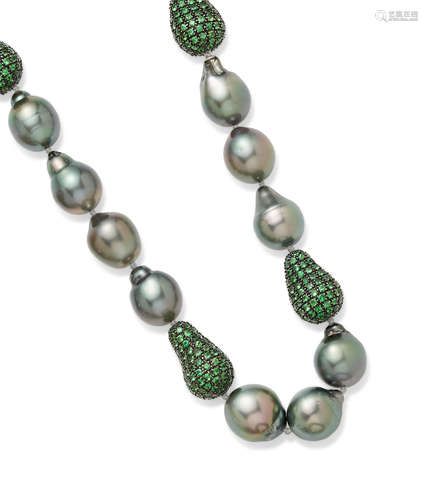 A colored cultured pearl, tsavorite garnet and 18k white gold necklace