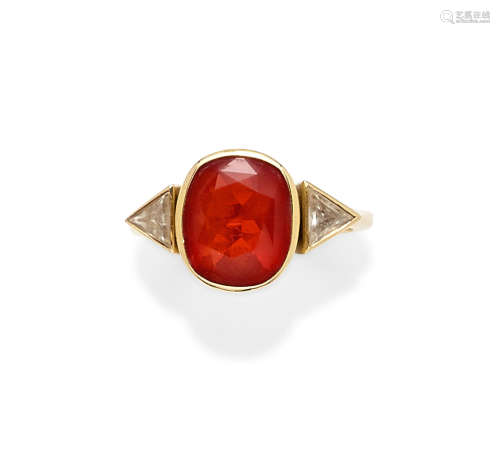 A Fire Opal, diamond and gold ring