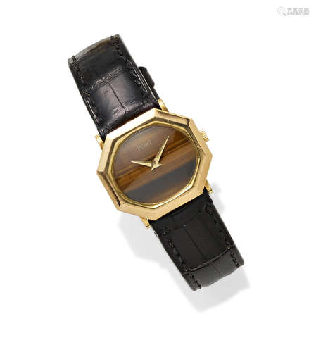 A lady's tiger's-eye quartz and 18k gold strap wristwatch, Piaget, Swiss