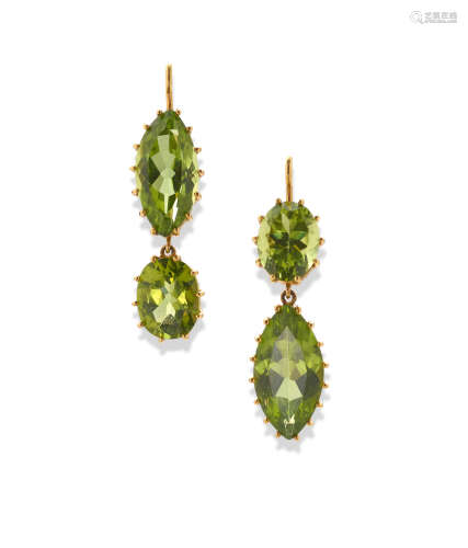 A pair of peridot and 18k gold ear pendants, Renee Lewis