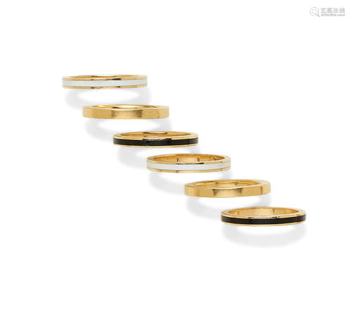 A Collection of Six enamel and gold stacking rings