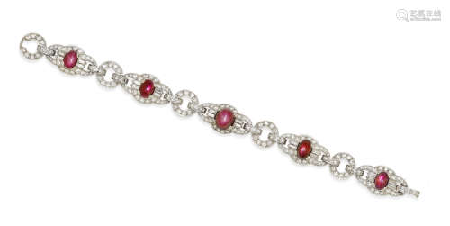A star ruby, diamond and platinum bracelet