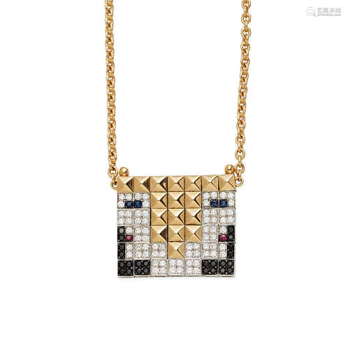 A diamond, colored diamond and gem-set 18k bi-color gold necklace, Enigma by Gianni Bulgari, Italian