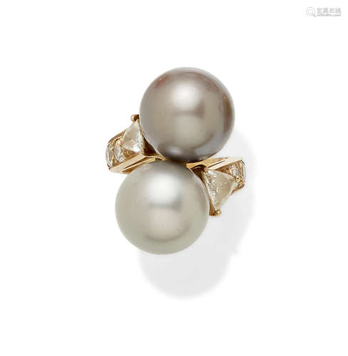 A colored Cultured Pearl, diamond and gold ring