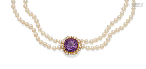 An amethyst, diamond, cultured pearl and gold necklace