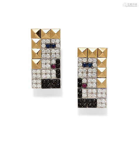 A pair of diamond, colored diamond and gem-set 18K bi-color gold ear clips, Enigma by Gianni Bulgari, Italian