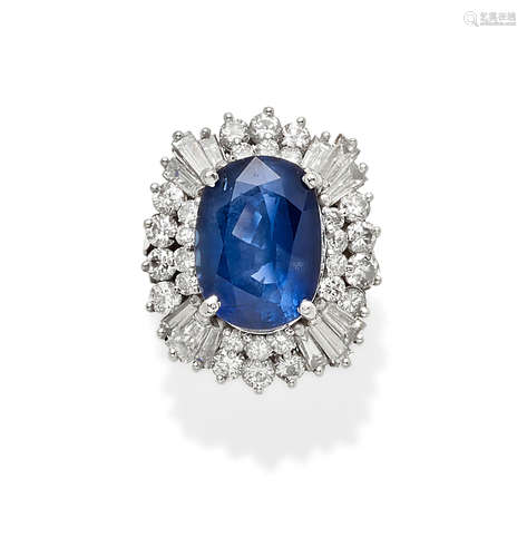 A sapphire, diamond and platinum ring