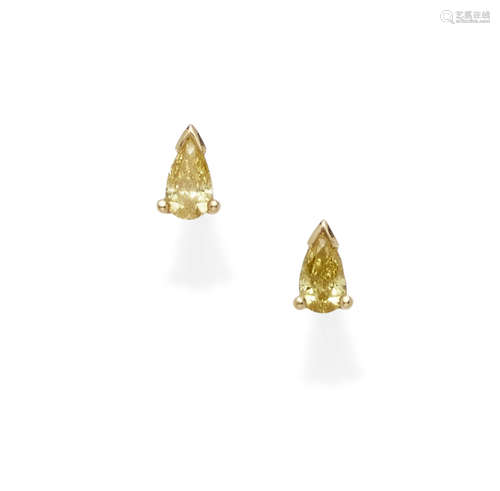 A pair of fancy vivid yellow diamond and 18k gold ear studs