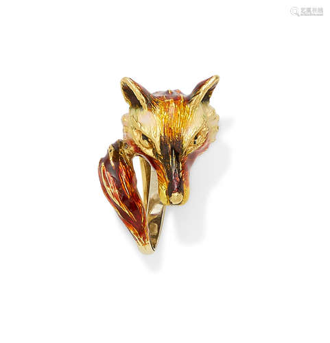 An enamel and gold fox head ring